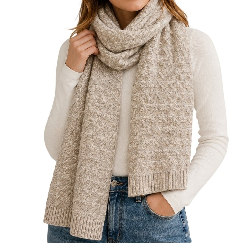 Love & Lore Oatmeal Beige Geometric Knit Scarf Ribbed Trim Winter Wrap